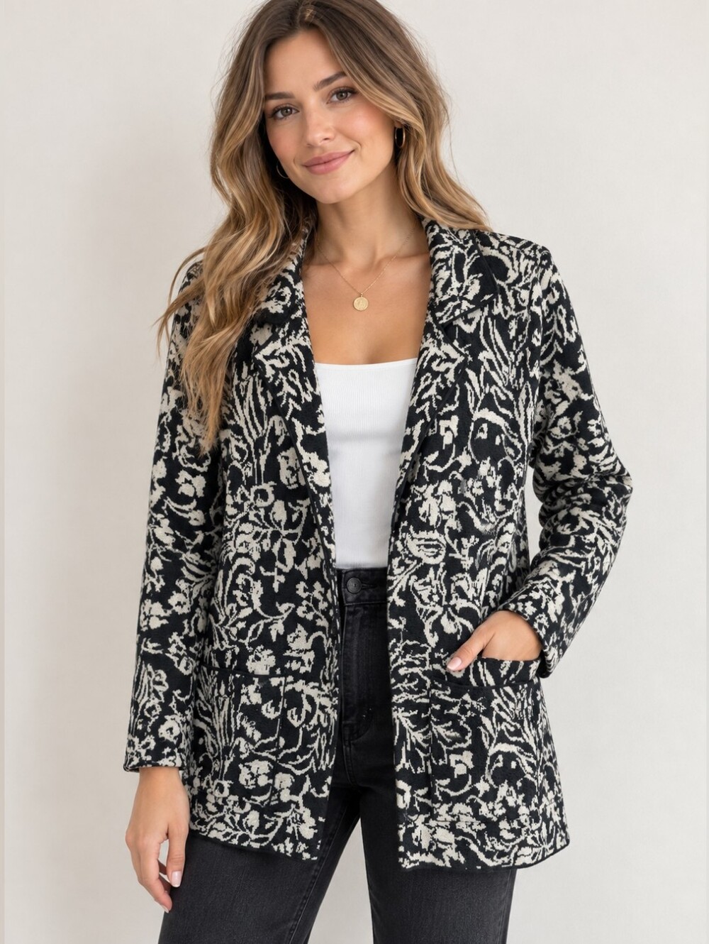 Anthropologie Black & Cream Floral Open Blazer